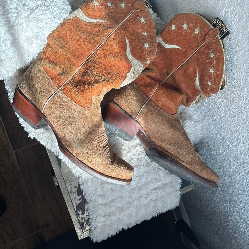 Vintage Justin Heritage Western Cowboy Boots Roughout 10EE Longhorn Inlay Texas - Picture 6 of 10